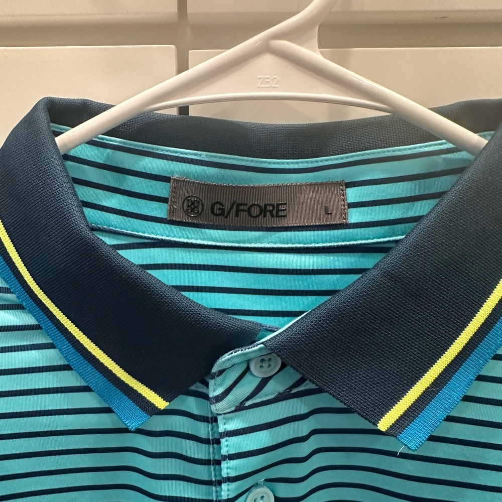 G/FORE Blue and Yellow Polo Shirt Sporty Striped Design - Picture 2 of 3